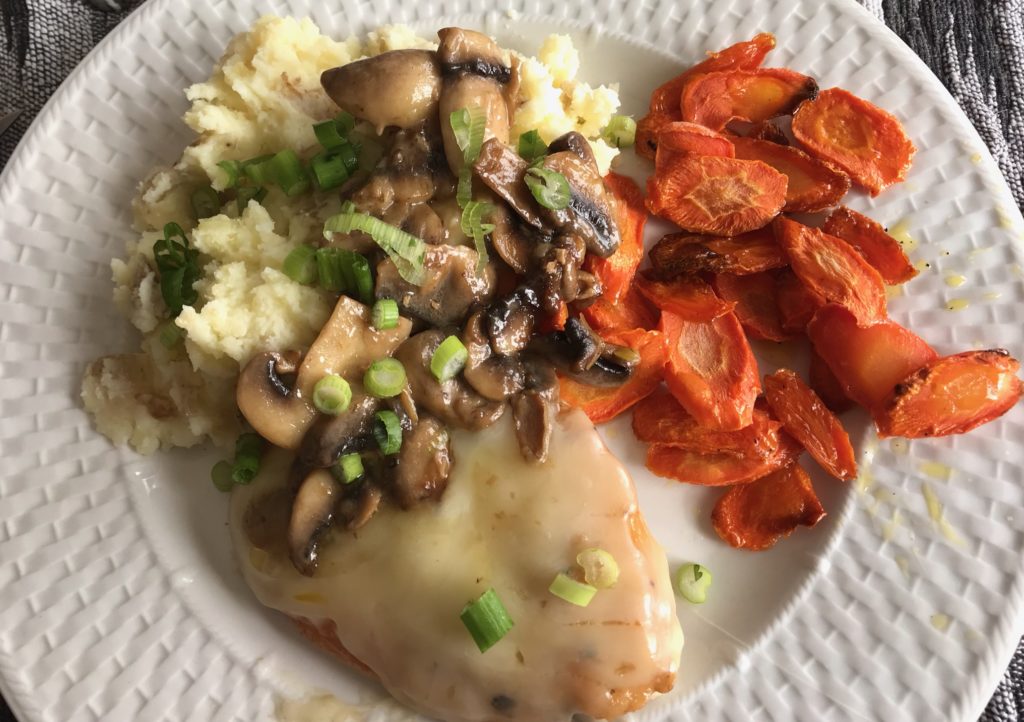 Cheesy Smothered Mushroom Chicken with Mashed Potatoes and Roasted Carrots